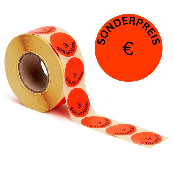 Aktionsetiketten leuchtrot "Sonderpreis €" 32 mm, permanent